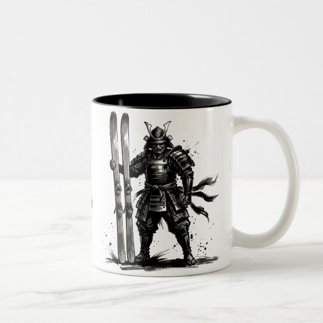 Snowboard Brush Art - Skier Samurai Two-Tone Coffee Mug (Right)