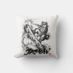 Snowboard Brush Art - Snowboarder Dog Shiba Inu Cushion