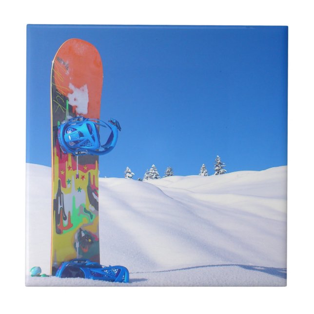 Snowboard in Fresh Snow, Blue Sky Ceramic Tile (Front)
