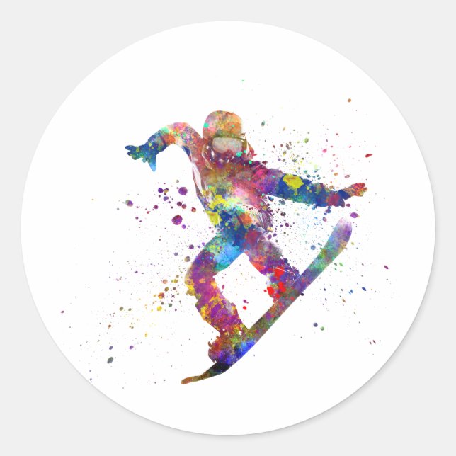 Snowboard in watercolor classic round sticker (Front)