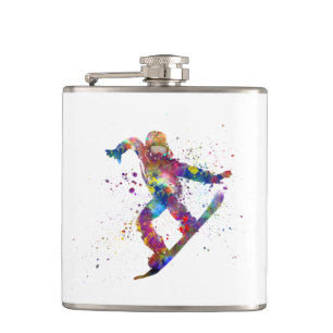 Snowboard in watercolor hip flask