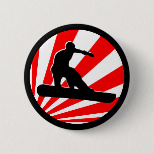 snowboard. red rays. 6 cm round badge
