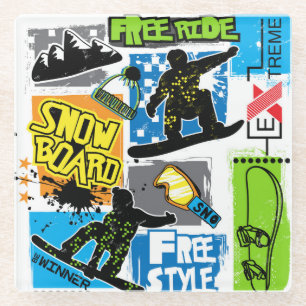 Snowboard Typography: Extreme Kid's Background. Glass Coaster