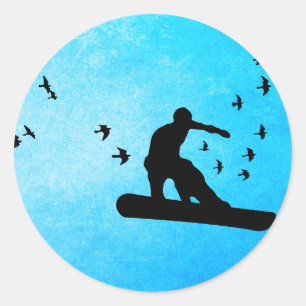 snowboard with birds. classic round sticker