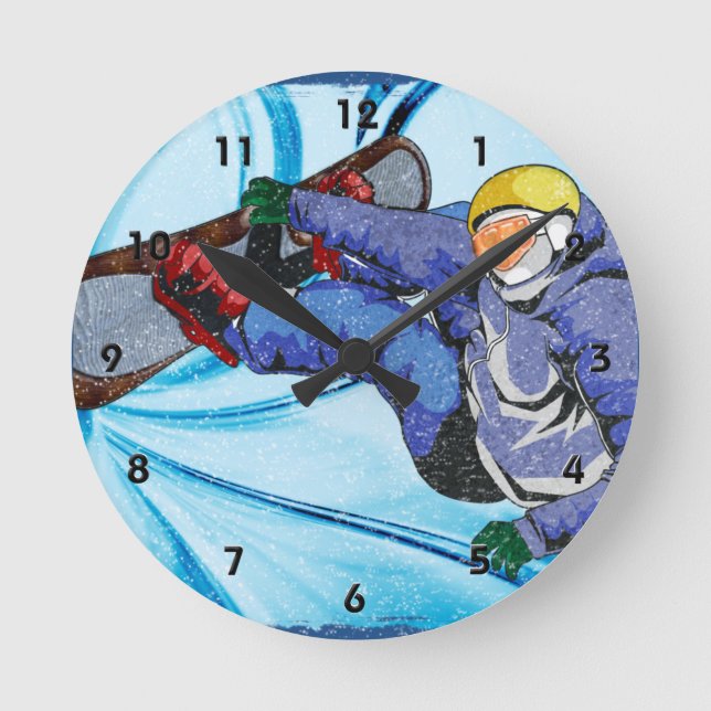 Snowboarder in Edgy Snowstorm Round Clock (Front)