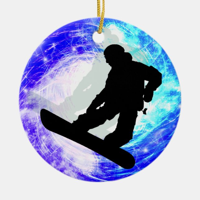 Snowboarder in Whiteout Ceramic Tree Decoration (Front)