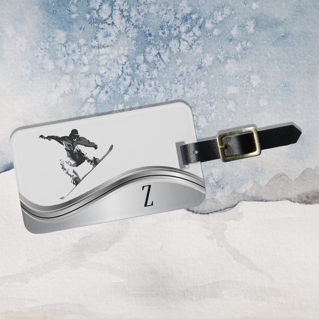 Snowboarder Monogram Silver Snowboard Luggage Tag (Creator Uploaded)