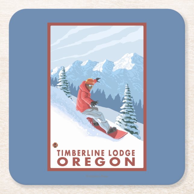 Snowboarder Scene - Timberline Lodge, Oregon Square Paper Coaster (Front)