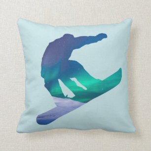 Snowboarder Silhouette Northern Lights Pillow