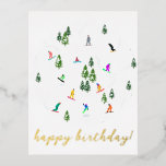 Snowboarder Snowboarding Illustration Birthday  Foil Holiday Postcard<br><div class="desc">Cool whimsical illustration art of colourful snowboarders,  snowboarding downhill in mountains among pine,  spruce,  fir trees on fresh snow powder. Snowboard and xmas outdoor sport in a winter forest. Snowboarder gifts. Snowboarding Christmas decor.</div>