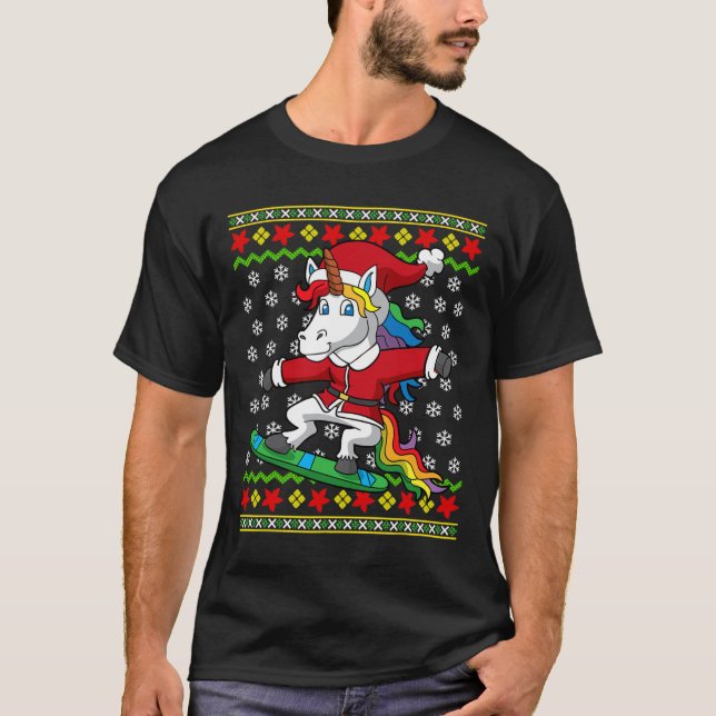 Snowboarder Unicorn Santa Snowboarding Christmas S T-Shirt (Front)