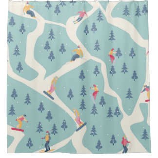 Snowboarders and skiers ride in the ski resort. Pe Shower Curtain