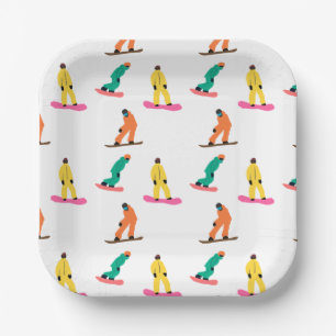 Snowboarders Winter Illustration Holiday White Paper Plate