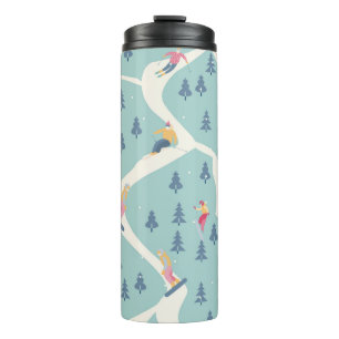 Snowboarders, winter resort, active recreation. thermal tumbler