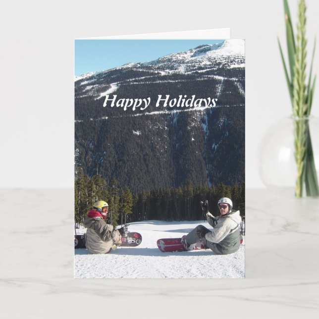 Snowboarders with a Scenic Mountain View Holiday Card (Front)