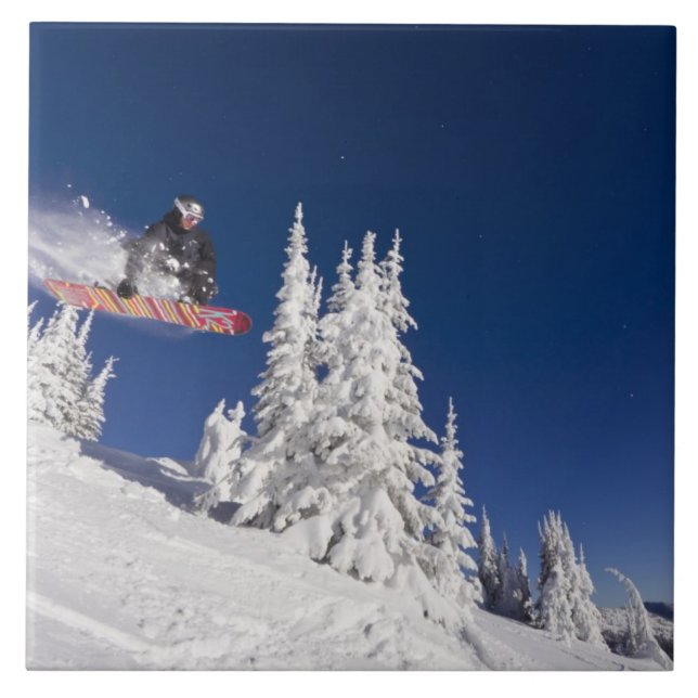 Snowboarding action at Whitefish Mountain Resort Ceramic Tile (Front)