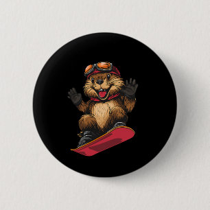 Snowboarding Animals- Beaver On A Snowboard Snowbo 6 Cm Round Badge