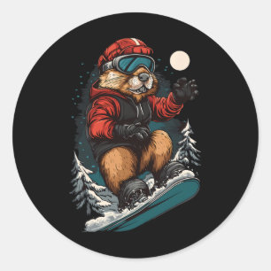 Snowboarding Animals- Beaver On A Snowboard Snowbo Classic Round Sticker