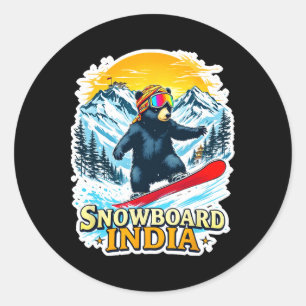 Snowboarding Bear In Scenic India Classic Round Sticker