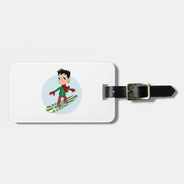 Snowboarding boy cartoon luggage tag (Front Horizontal)