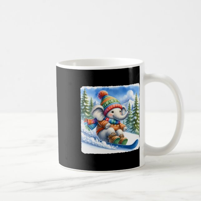 Snowboarding Elephant On Snowy Hill With Pines. Co Coffee Mug (Right)