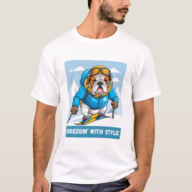 Snowboarding English Bulldog Shreddin’ With Style T-Shirt (Front)