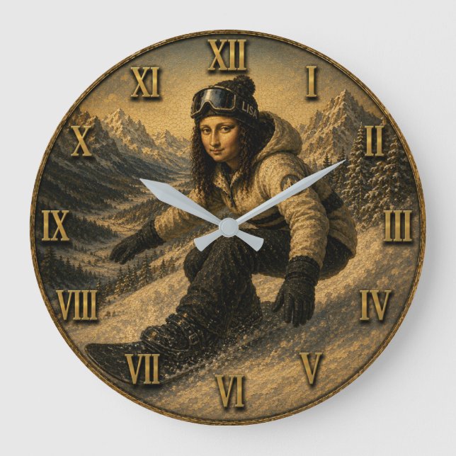 Snowboarding Funny Mona Lisa Snowboarder Gift  Large Clock (Front)