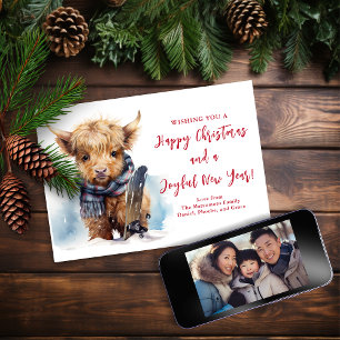 Snowboarding Highland Cow Christmas Photo Card