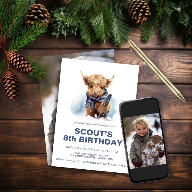 Snowboarding Highland Cow Photo Invitation (Creator Uploaded)