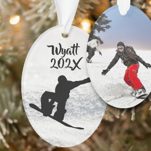 Snowboarding Male Son's Photo Template Oval Ornament