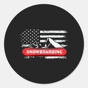 Snowboarding Mountain With American Flag Design - Classic Round Sticker