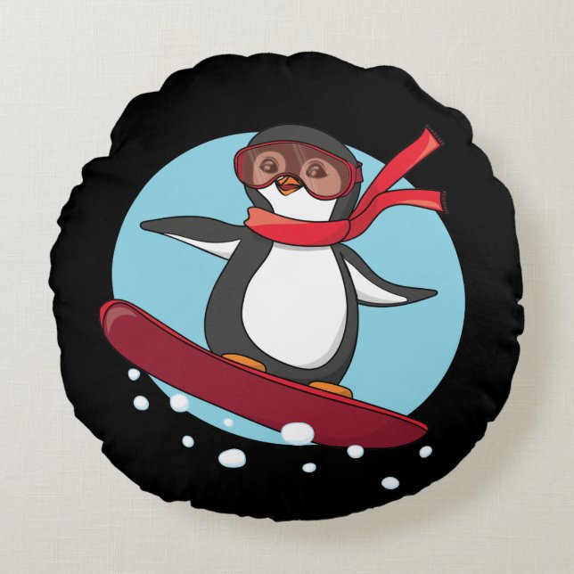 Snowboarding Penguin Round Cushion (Front)