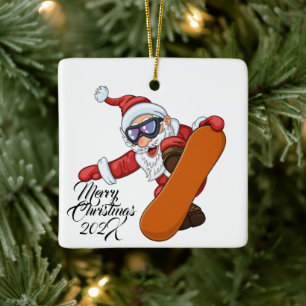 Snowboarding Santa  Ceramic Ornament