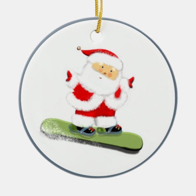 Snowboarding Santa Ceramic Tree Decoration (Front)