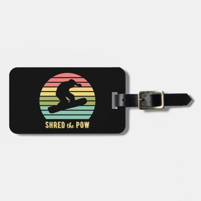 Snowboarding Shred The Pow Vintage Sunset Luggage Tag (Front Horizontal)