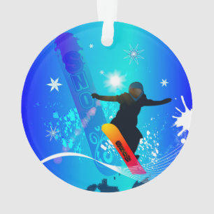Snowboarding, snowboarder with board on blue backg ornament