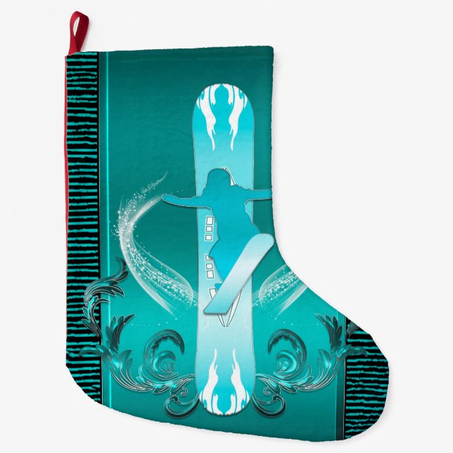 Snowboarding, Snowboarder with floral elements Large Christmas Stocking (Front)