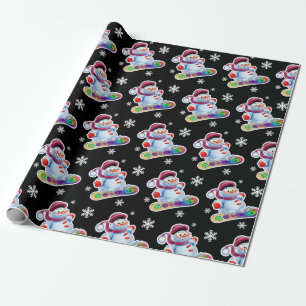 Snowboarding snowman matte black wrapping paper