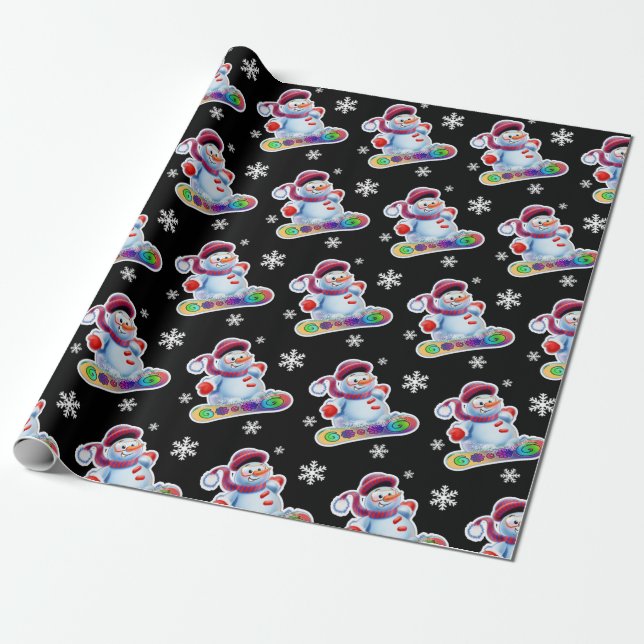 Snowboarding snowman matte black wrapping paper (Unrolled)