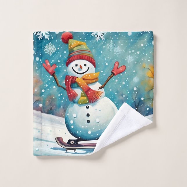 Snowboarding Snowman Washcloth Wash Cloth (Wash Cloth)