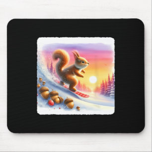Snowboarding Squirrel On Frosty Slope At Sunset. A Mouse Pad