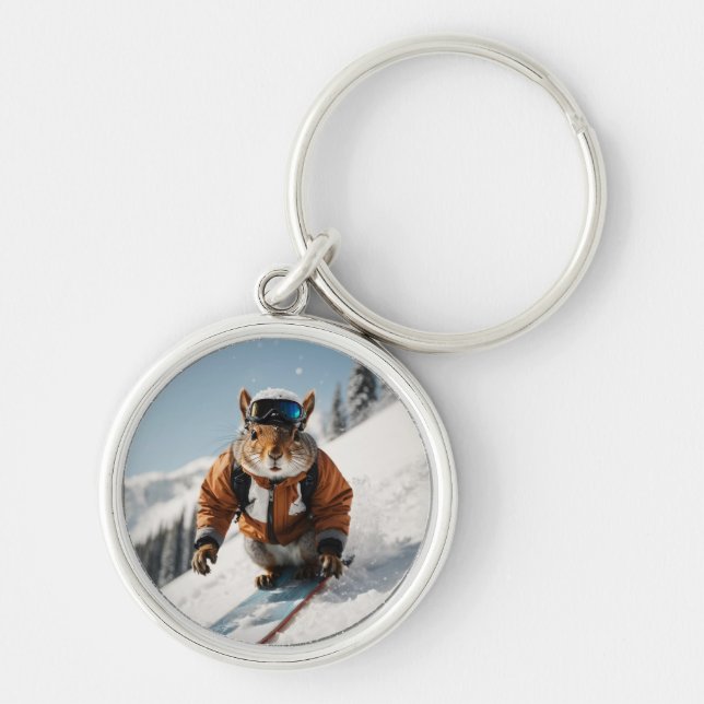 Snowboarding Squirrel Wintertime Whimsical Animal Key Ring (Front)