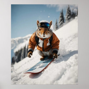 Snowboarding Squirrel Wintertime Whimsical Animal Poster