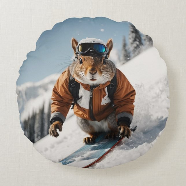 Snowboarding Squirrel Wintertime Whimsical Animal Round Cushion (Front)