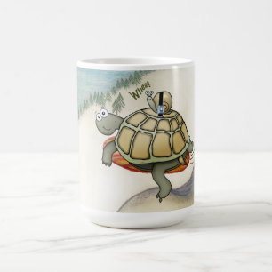 snowboarding turtle and seatbelted snail coffee mug