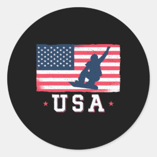 Snowboarding Usa American Flag Snowboard Women Kid Classic Round Sticker