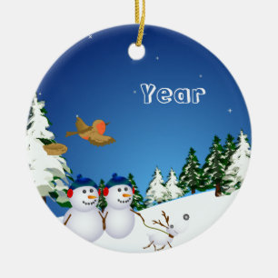 Snowcouple & Dog Ceramic Ornament