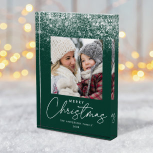 Snowdrift Merry Christmas Green Holiday Photo Block