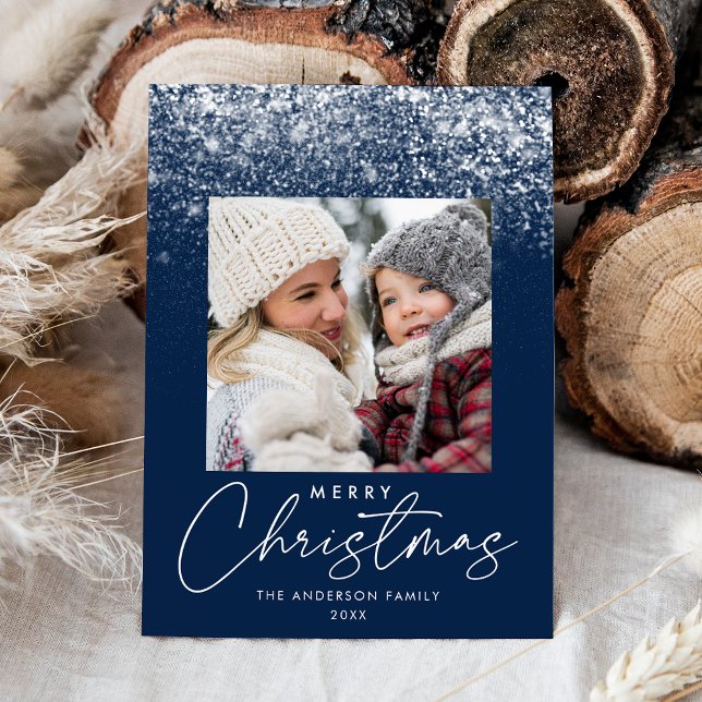 Snowdrift Merry Christmas Navy Blue Photo Holiday Card (Creator Uploaded)