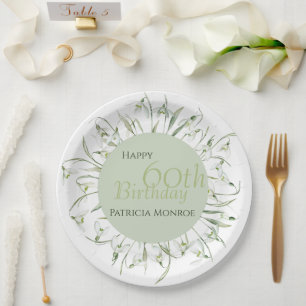 Snowdrop 60th Birthday Watercolor Botanical Green Paper Plate